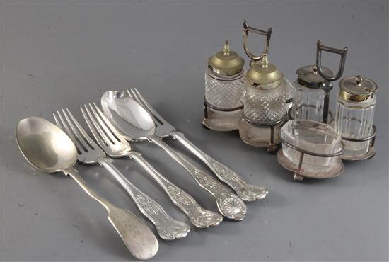 A quantity of assorted plated flatware, a group of assorted cruet stands and an oak canteen